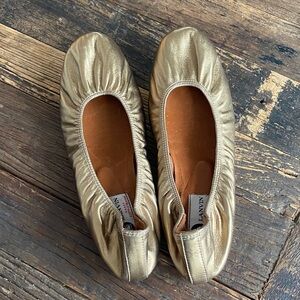 Lanvin Metallic Gold Leather Ballet Flats with Elastic Topline